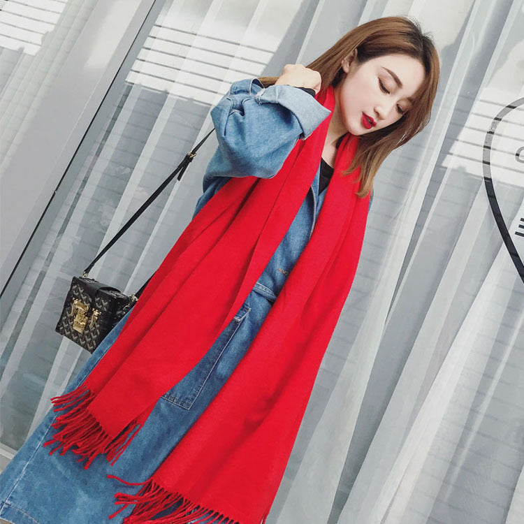 Autumn and winter imitation cashmere scarf solid color men and women monochrome tassel warm shawl China red new scarf