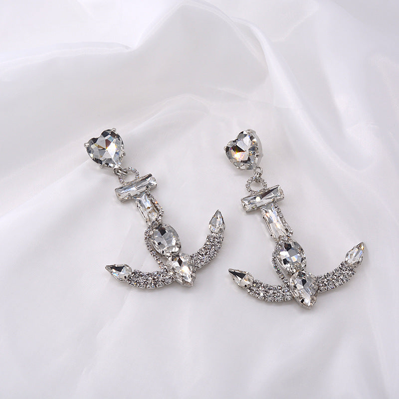 Exaggerated zircon, navy, anchor, earrings