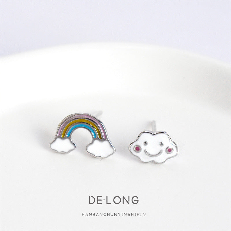 Cute asymmetrical rainbow cloud sterling silver earrings