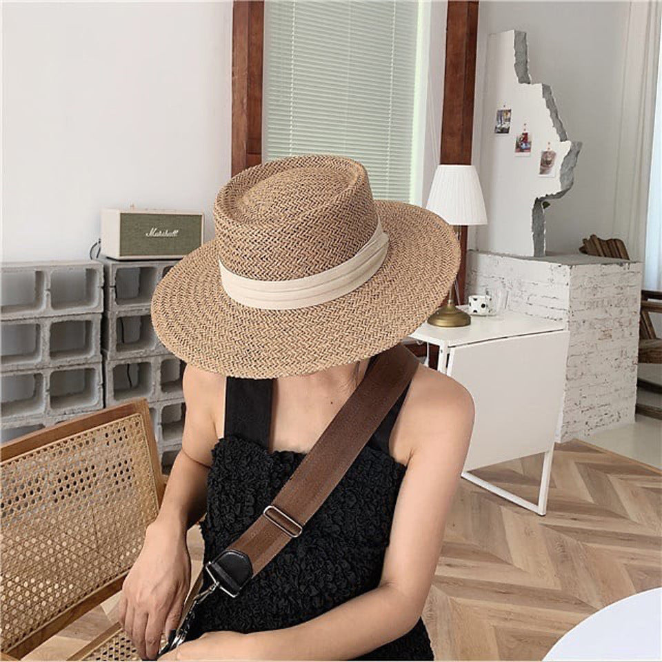 New hats female spring and summer straits strap flat top hat female wild shade beach hat