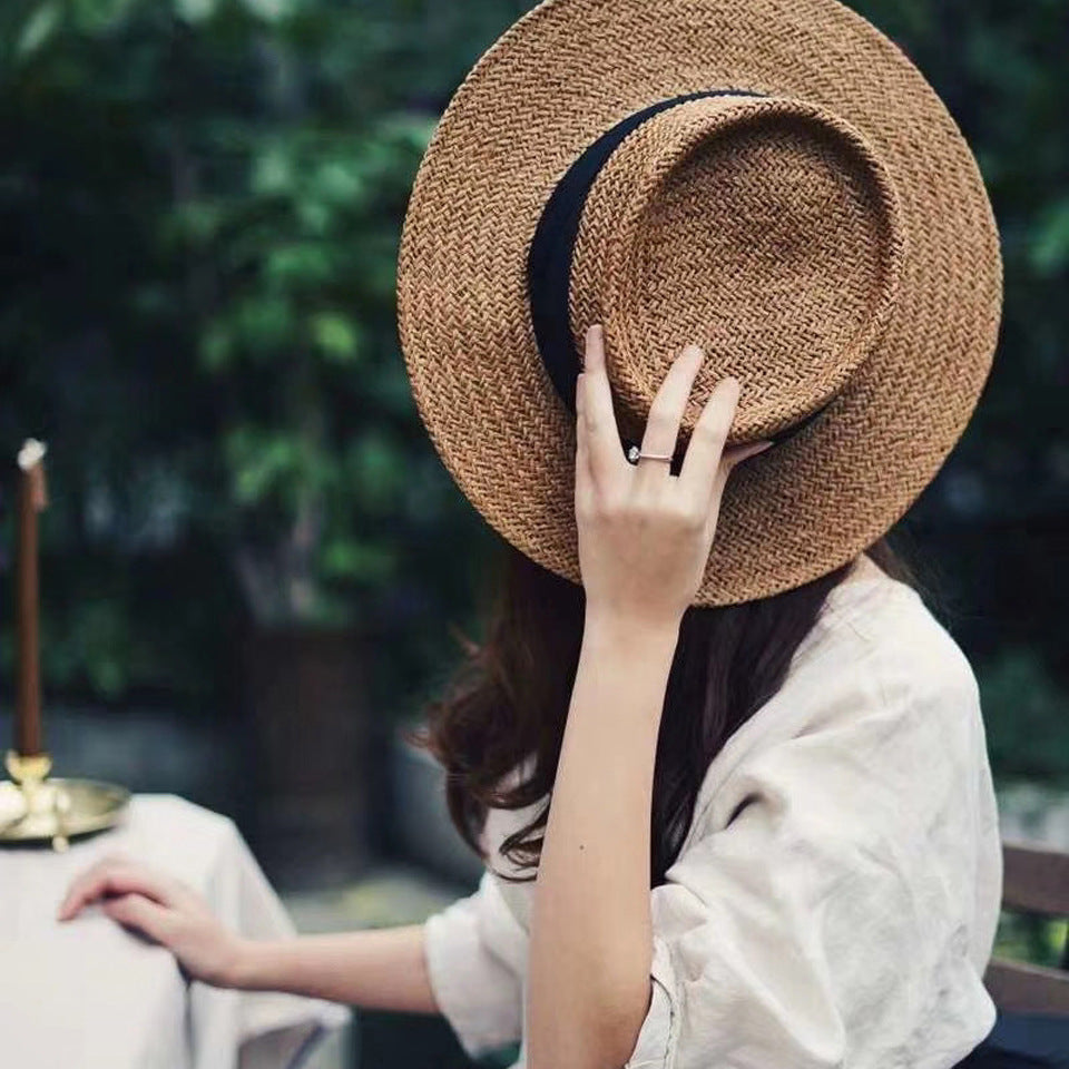 New hats female spring and summer straits strap flat top hat female wild shade beach hat