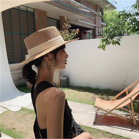 New hats female spring and summer straits strap flat top hat female wild shade beach hat