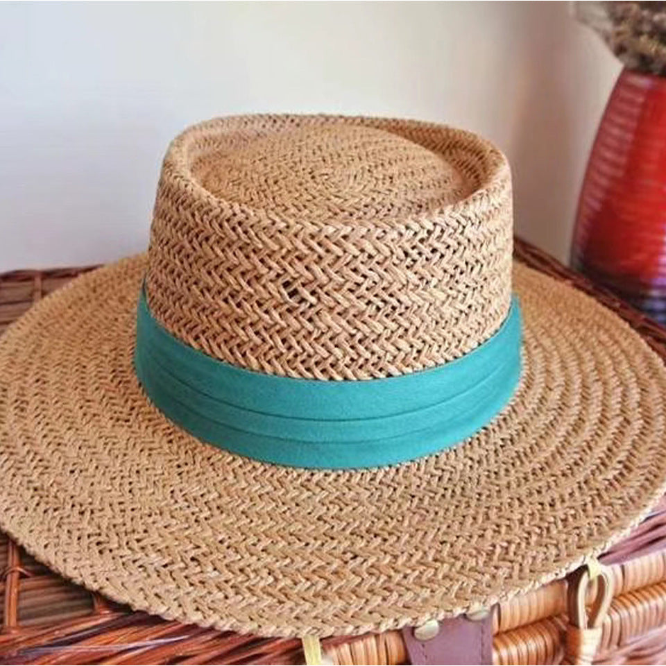 New hats female spring and summer straits strap flat top hat female wild shade beach hat