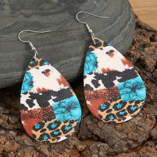 new drop-shaped retro cow leopard leather earrings