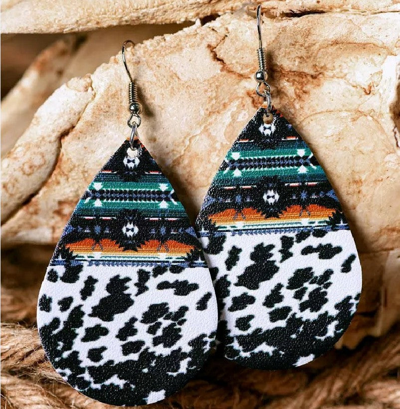 new drop-shaped retro cow leopard leather earrings