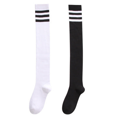 Japanese college wind-saving cotton thick black white strip length sock three bars over knee high stockings student sock manufacturers