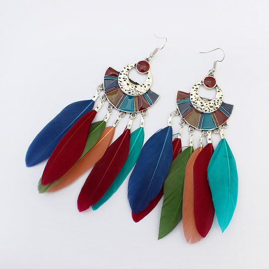 Bohemian national wind feather earrings long