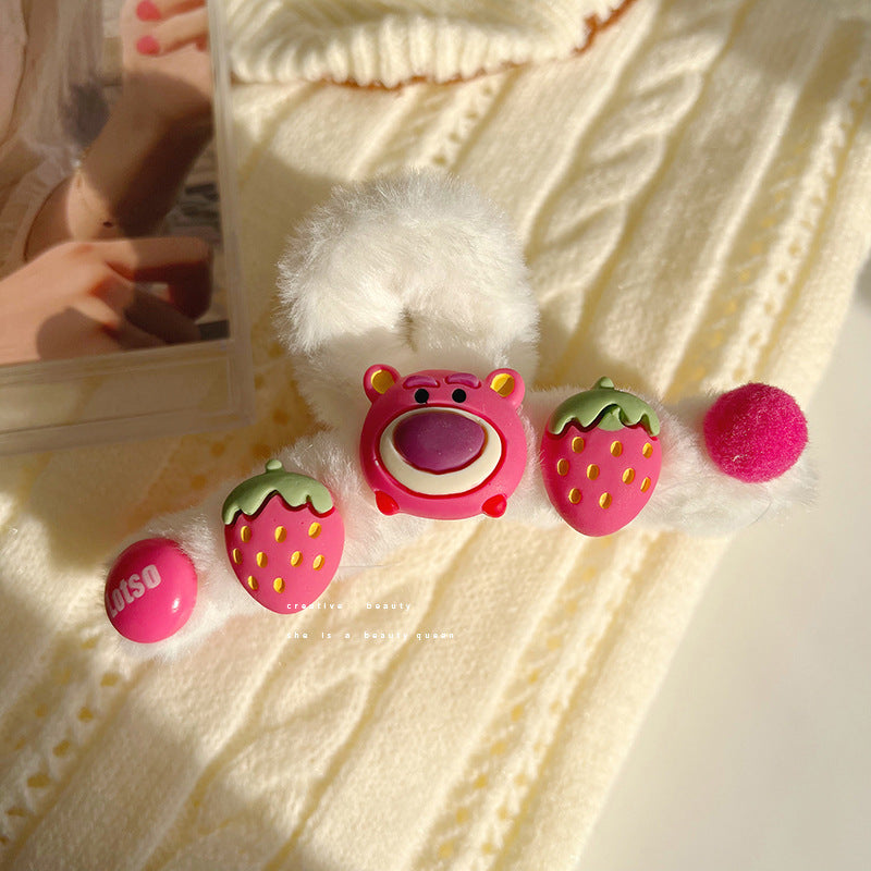 Spring new pink strawberry bear cute plush hair clip girl back head disc hair claw large net red shark clip