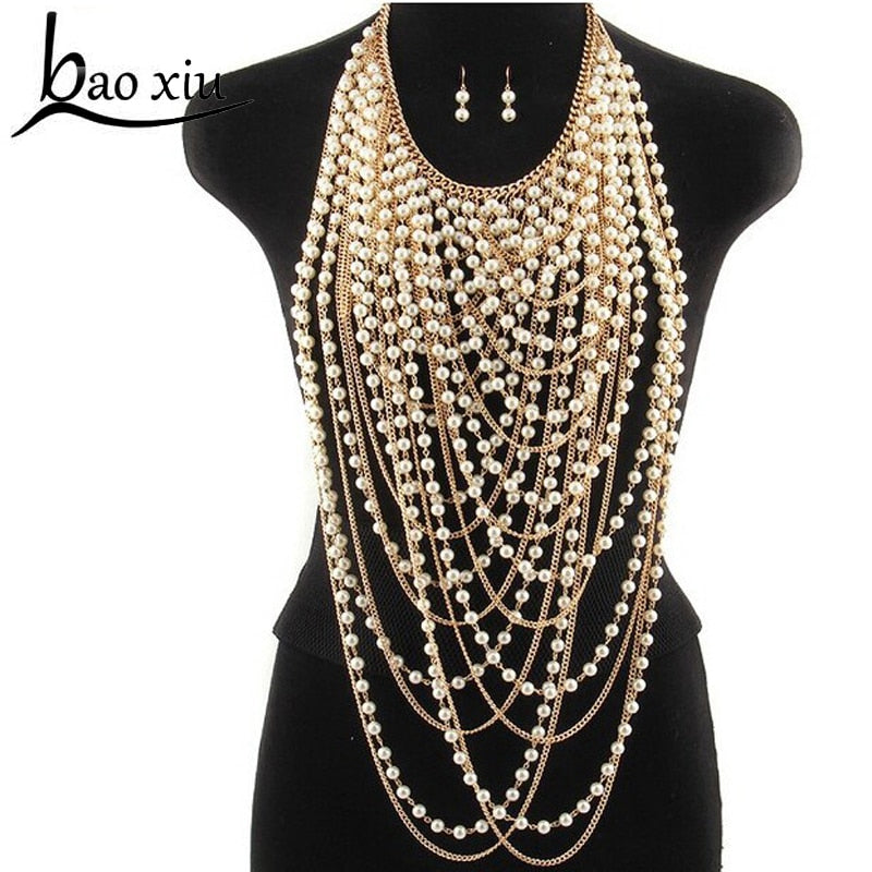 Exaggerated Beaded Super Long Pendants Necklace Women Trendy Pearl Choker Necklace Body Jewelry Gold Shoulder Chain Collar