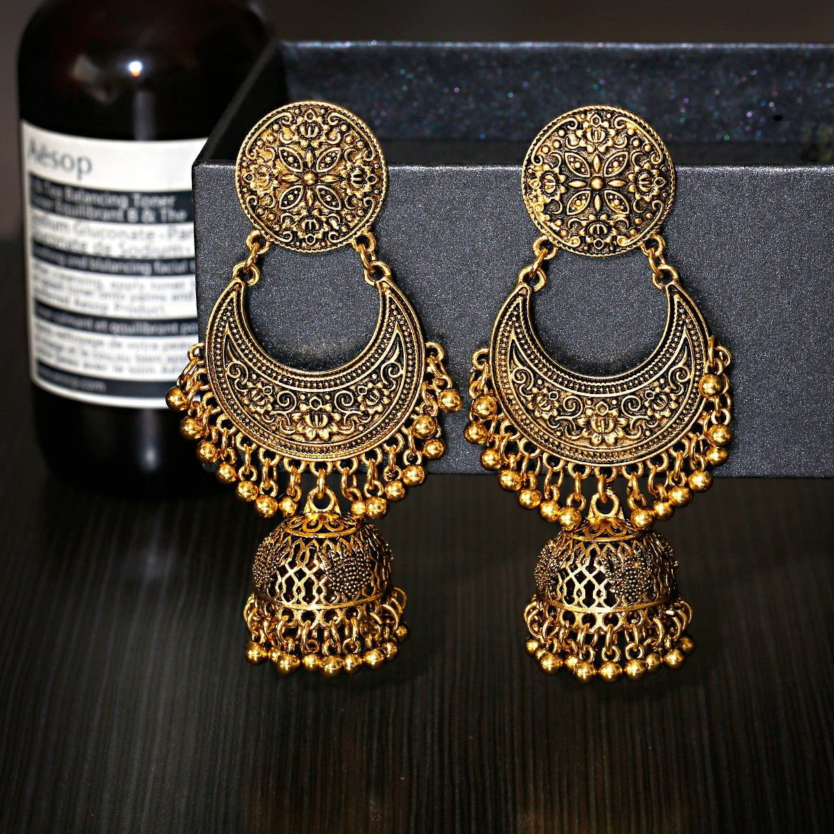 Antique Gold Big Round Circle Gypsy Drop Earrings