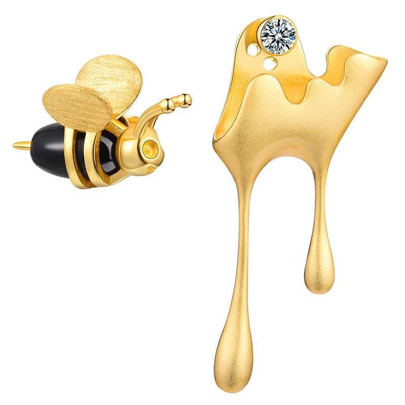 Lotus Fun Real Handmade Fine Jewelry Gold Bee and Dripping Honey Asymmetric Stud Earrings