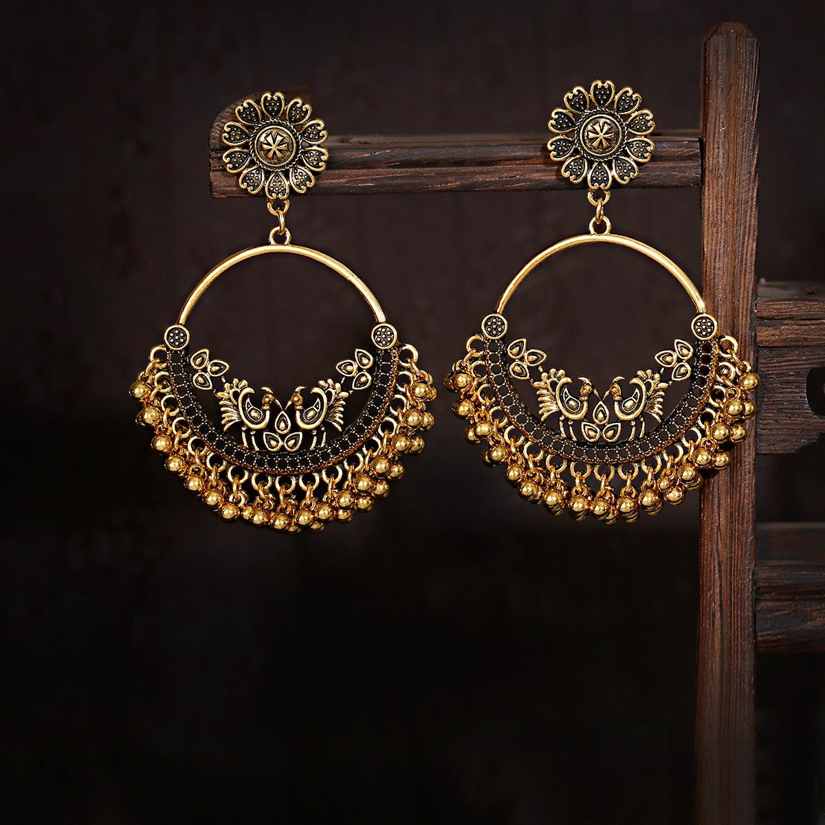 Antique Gold Big Round Circle Gypsy Drop Earrings