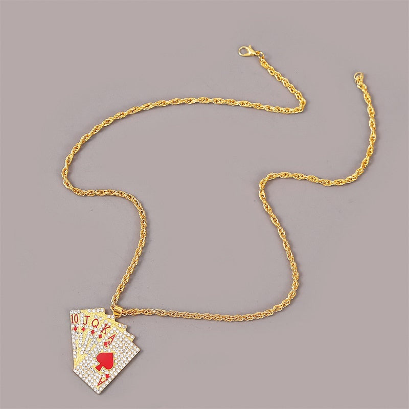 Statement Enamel Playing Cards Pendants Necklaces Hip Hop Jewelry Fashion Gold Silver Color Necklace