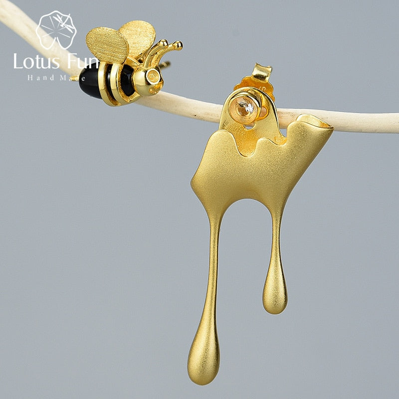 Lotus Fun Real Handmade Fine Jewelry Gold Bee and Dripping Honey Asymmetric Stud Earrings