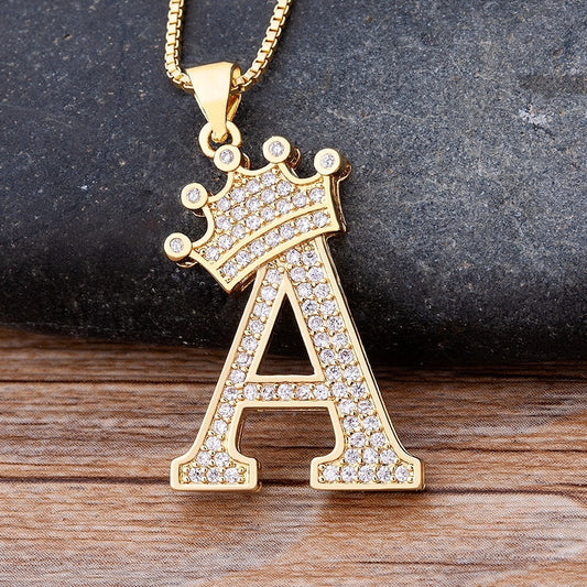 New Luxury Copper Zircon A-Z Crown Alphabet Pendant Chain Necklace