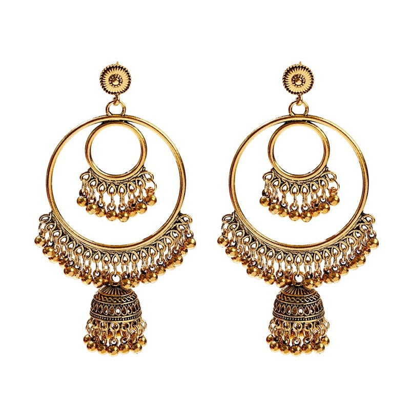 Antique Gold Big Round Circle Gypsy Drop Earrings