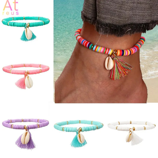 Multicolor Tassel Anklet Bohemian Jewelry For Women Acrylic Beaded Elastic Ankle Chain