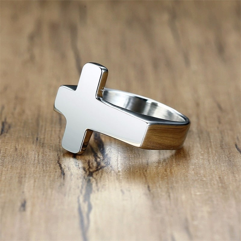 Cross Shaped Ring in Stainless Steel with Silverly Black Golden Male Jewelry