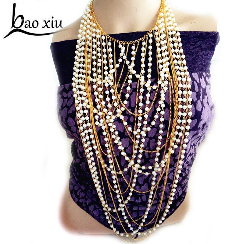 Exaggerated Beaded Super Long Pendants Necklace Women Trendy Pearl Choker Necklace Body Jewelry Gold Shoulder Chain Collar