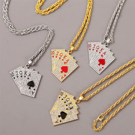 Statement Enamel Playing Cards Pendants Necklaces Hip Hop Jewelry Fashion Gold Silver Color Necklace