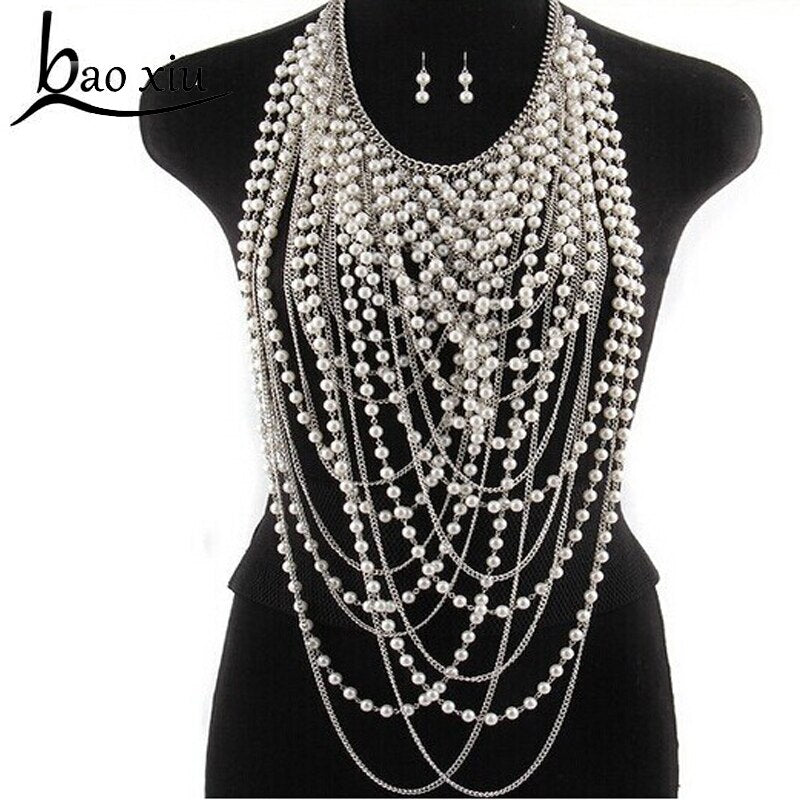 Exaggerated Beaded Super Long Pendants Necklace Women Trendy Pearl Choker Necklace Body Jewelry Gold Shoulder Chain Collar