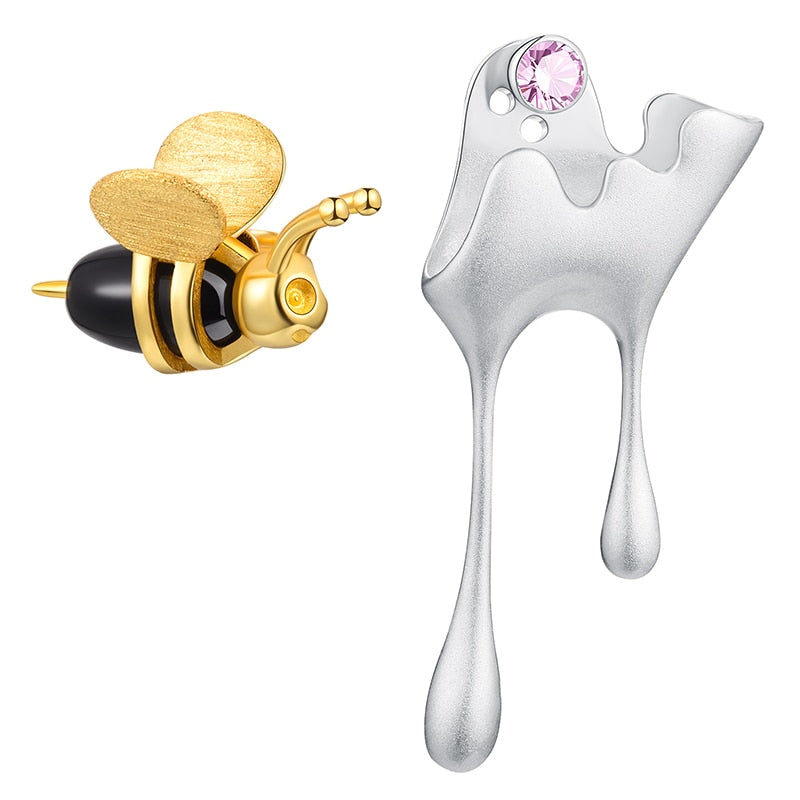 Lotus Fun Real Handmade Fine Jewelry Gold Bee and Dripping Honey Asymmetric Stud Earrings