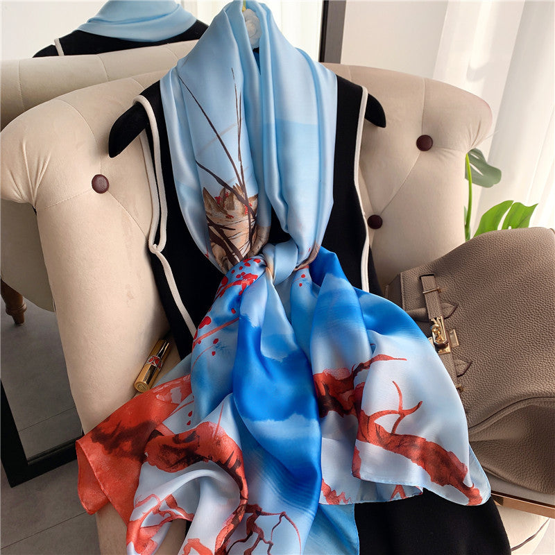 Women's scarves new silk satin simulation silk scarf sunscreen shawl prints Popular ethnic wind towel beach towel, tide