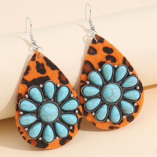 Retro Western Fengshui Drops Leopard Pattern Paste Turquoise Leather Earrings Spot