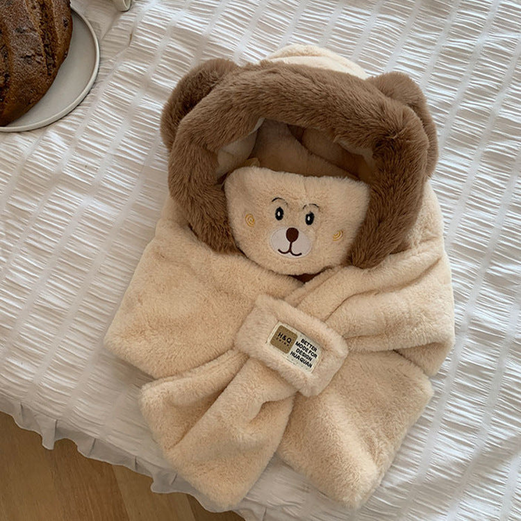 Winter Cute Bear Plush Ear Hat Scarf Mask One Thick Cold Protection Neck Scarf Women's