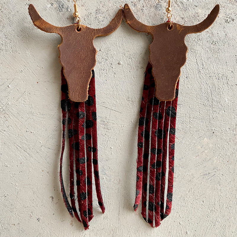 Western cowboy leather genuine cowhide earrings cow head tassel