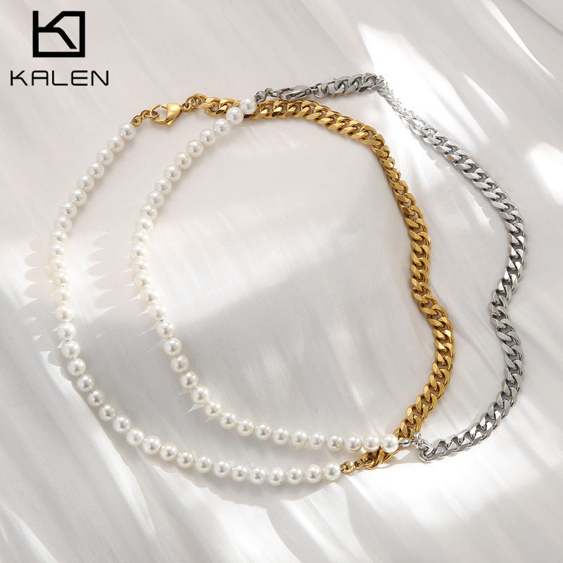 Kalun new splicing pearl necklace collarbone chain bracelet chain women's titanium steel niche design sense two-piece jewelry