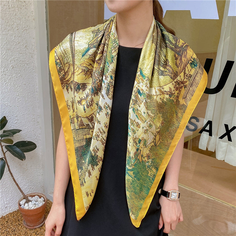 Qingming Shanghe Tu Li Damasat Silk Scarf