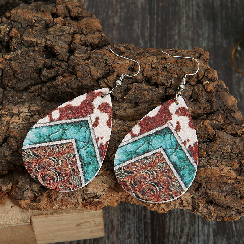 Western style cow pattern leather earrings personality