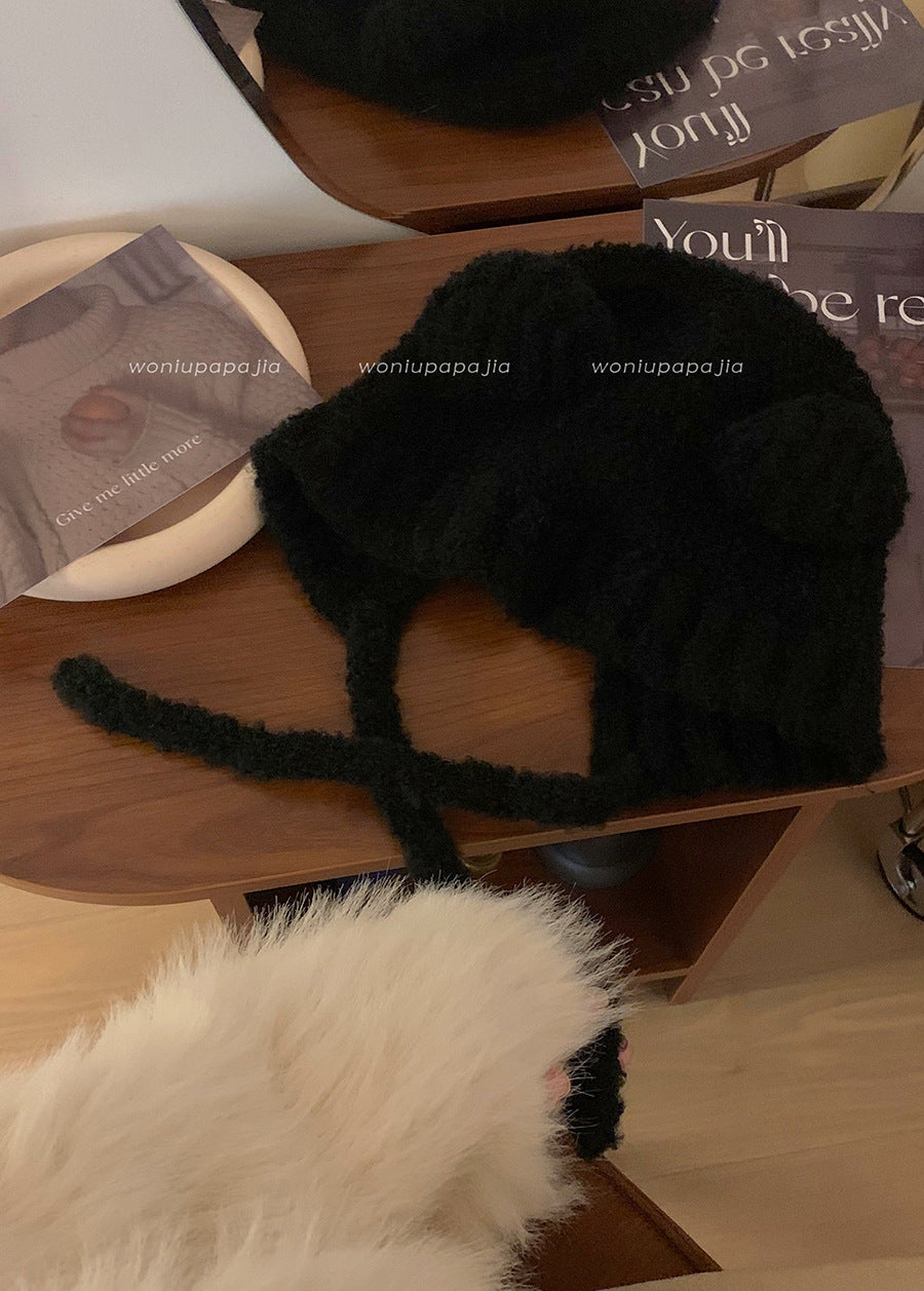 Liangfang cute bear ear plush hat women's autumn and winter warm ear protection hat knitted rope woolen hat