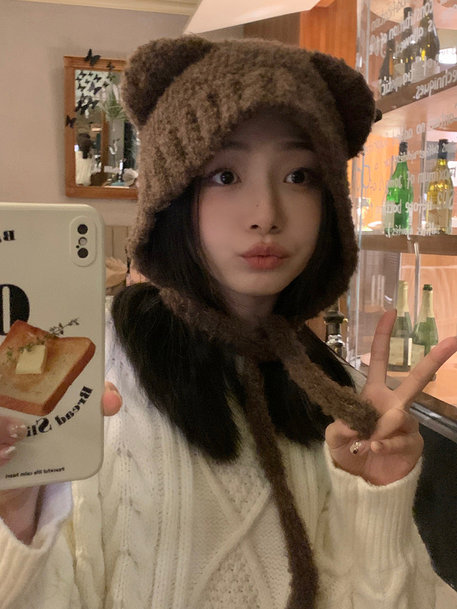 Liangfang cute bear ear plush hat women's autumn and winter warm ear protection hat knitted rope woolen hat