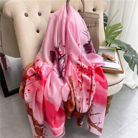 Women's scarves new silk satin simulation silk scarf sunscreen shawl prints Popular ethnic wind towel beach towel, tide