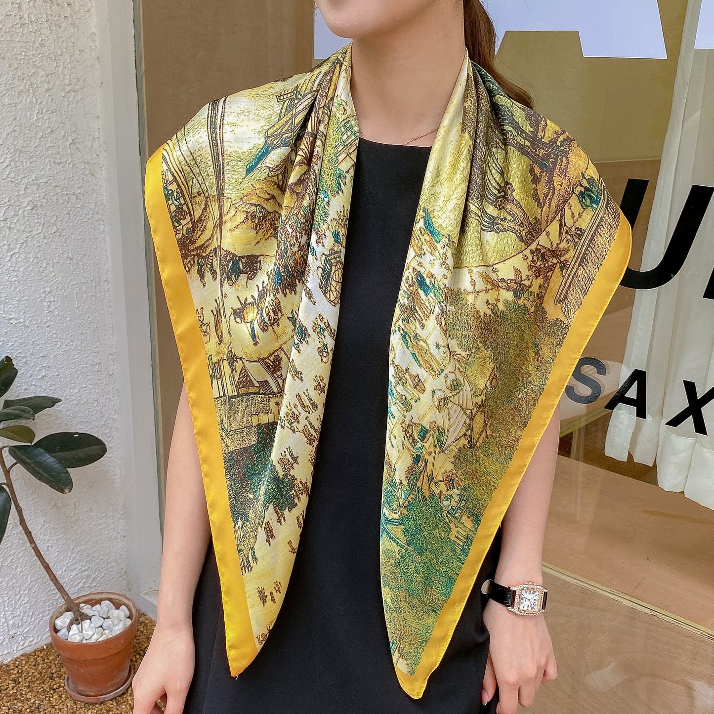 Qingming Shanghe Tu Li Damasat Silk Scarf