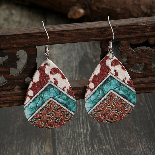 Western style cow pattern leather earrings personality