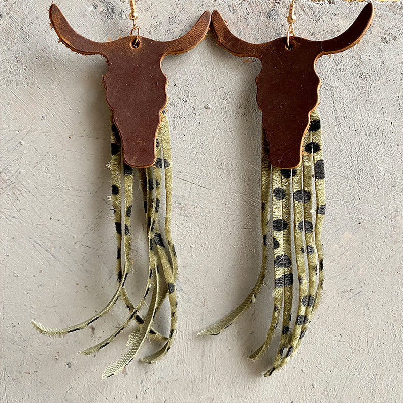 Western cowboy leather genuine cowhide earrings cow head tassel