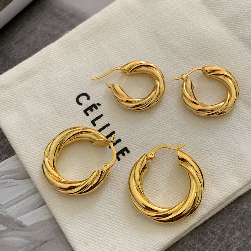 High-luxury French retro minimalist design trendy golden twist braided chunky ring hoop earrings