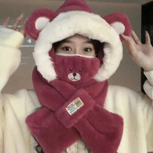 Winter Cute Bear Plush Ear Hat Scarf Mask One Thick Cold Protection Neck Scarf Women's