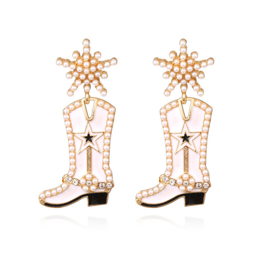 Howdy Partna Christmas earrings exaggerated creative oil dripping boots inlaid pearl earrings