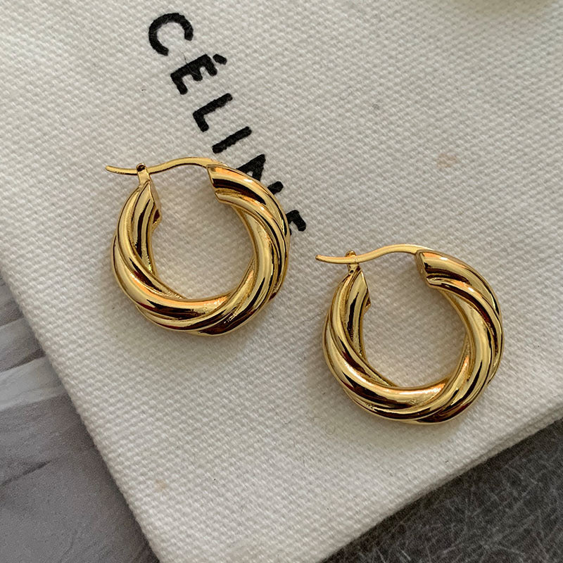 High-luxury French retro minimalist design trendy golden twist braided chunky ring hoop earrings