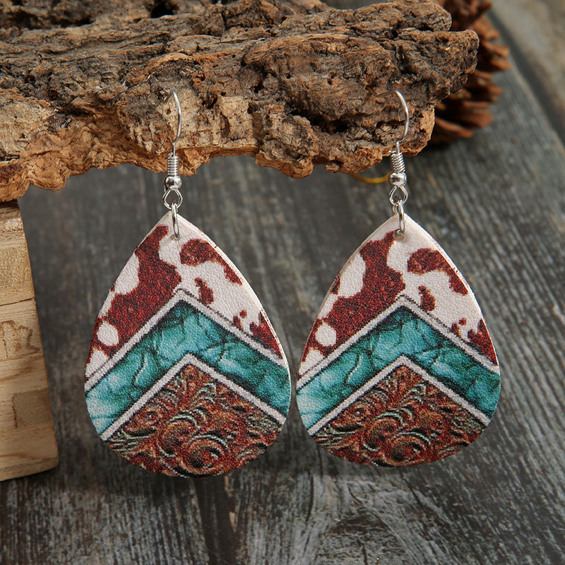 Western style cow pattern leather earrings personality