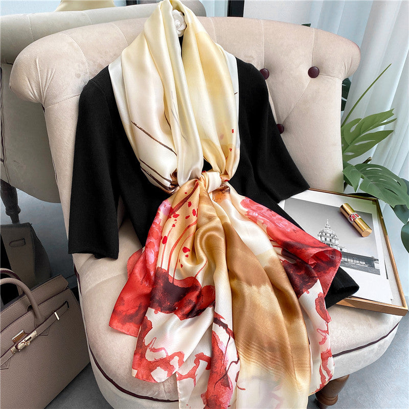 Women's scarves new silk satin simulation silk scarf sunscreen shawl prints Popular ethnic wind towel beach towel, tide