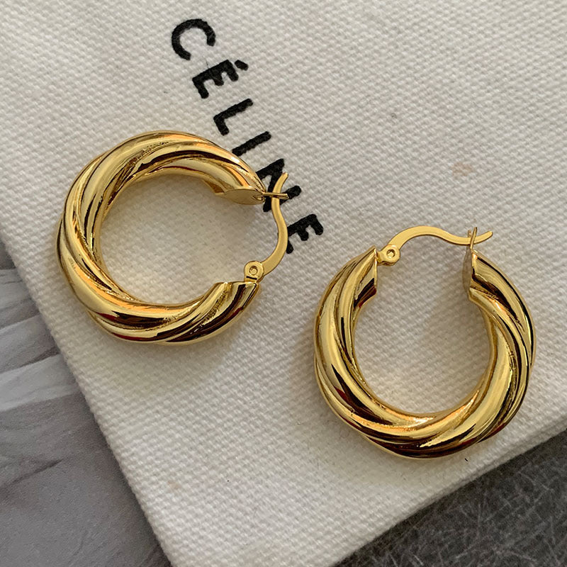 High-luxury French retro minimalist design trendy golden twist braided chunky ring hoop earrings