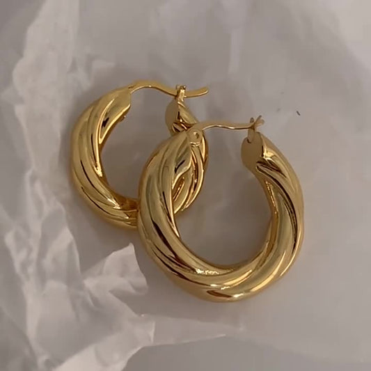 High-luxury French retro minimalist design trendy golden twist braided chunky ring hoop earrings