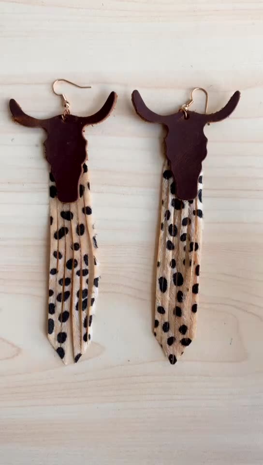 Western cowboy leather genuine cowhide earrings cow head tassel