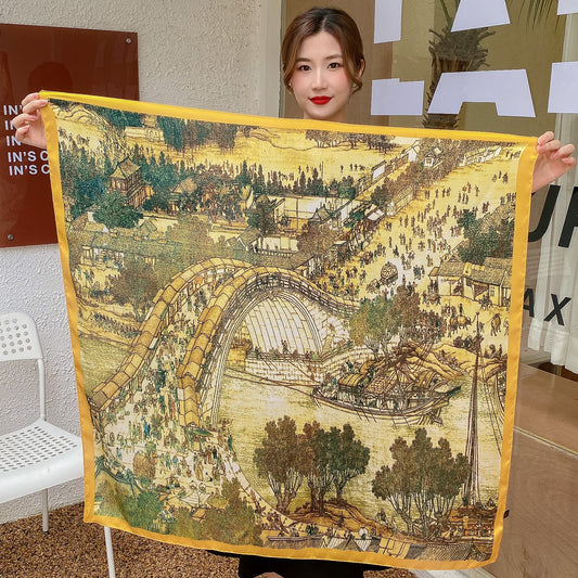 Qingming Shanghe Tu Li Damasat Silk Scarf