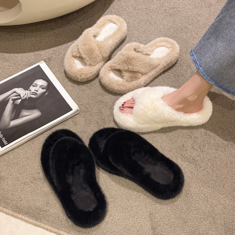 Winter Warm Women Modern Slides Outside Fluffy